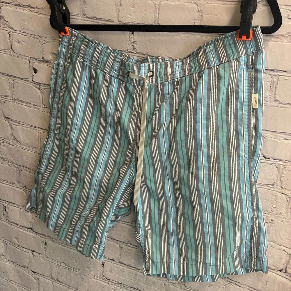 Onia Swim Trunk Shorts Men’s Blue Gray Stripe Print‎ Mesh Lined Pockets Size L